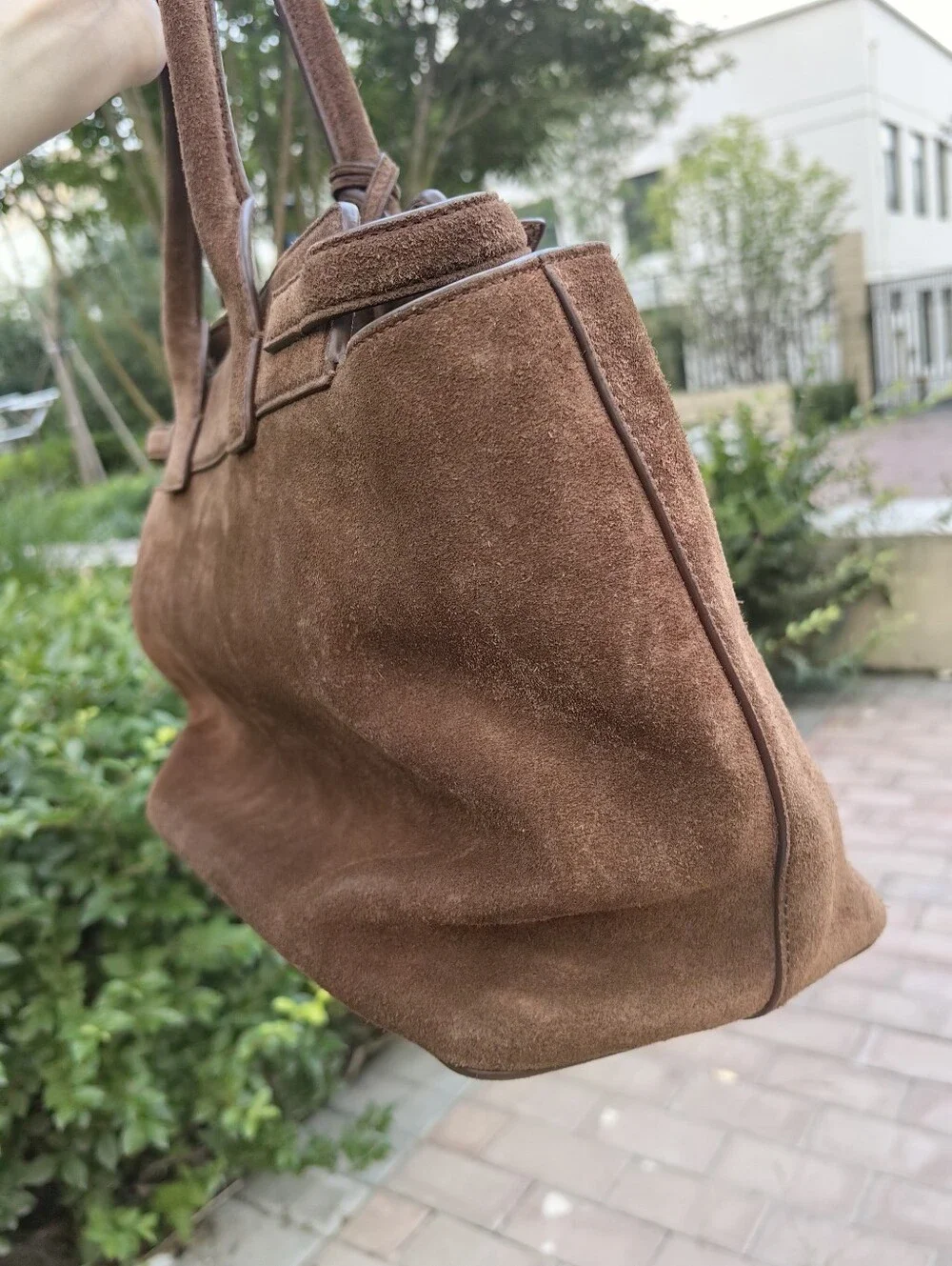 CELINE Conti Suede Leather Satchel Brown bag